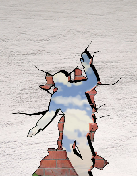 跳楼的人用身体打破了一堵砖墙。绝望。找到出去的路。插图图片下载