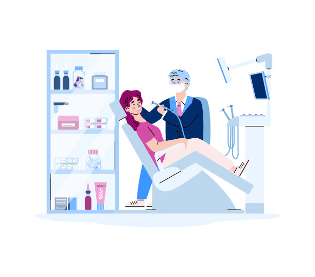 牙科诊所有牙医和女病人坐在医疗椅上。图片下载