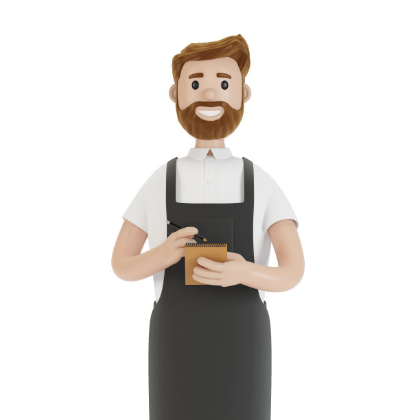 服务员拿着笔记本和铅笔点菜。3D插图卡通风格。图片下载
