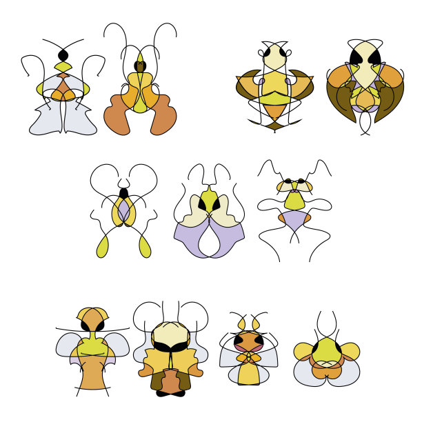 孤立的，用金属丝制成的异形昆虫——2对，3个朋友，一个家庭。图片下载