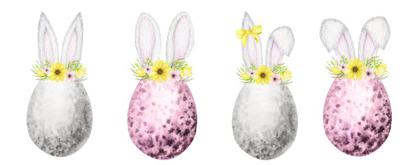 复活节彩蛋兔子耳朵和花冠设置孤立的水彩插图在白色的背景。手绘卡通春节兔耳朵图片下载