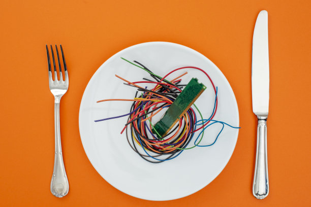 餐盘里的废弃电脑零件。图片下载