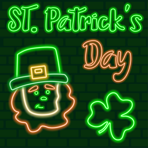 圣帕特里克节的霓虹灯。暗绿色砖墙上戴着帽子和三叶草的霓虹小精灵。圣帕特里克节亮闪闪的招牌，亮闪闪的横幅。图片下载