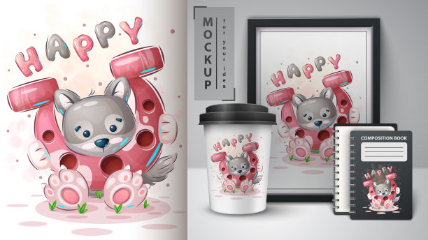 狼和马蹄铁——可爱的卡通动物形象图片下载