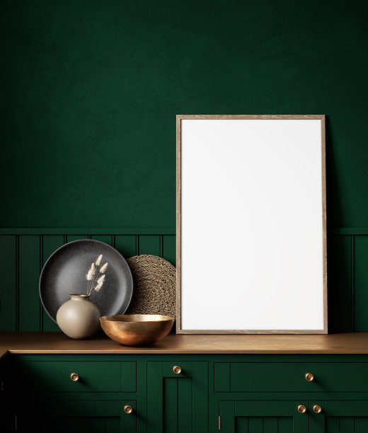 绿色厨房内部装饰和空白框架。3d渲染插图模拟。图片下载