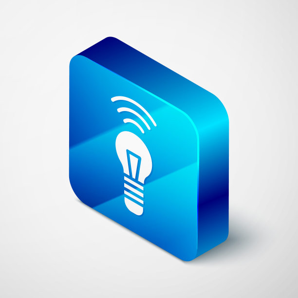 等距智能灯泡系统图标孤立在灰色背景。能量和理念的象征。物联网概念与无线连接。蓝色方块按钮。向量图片下载