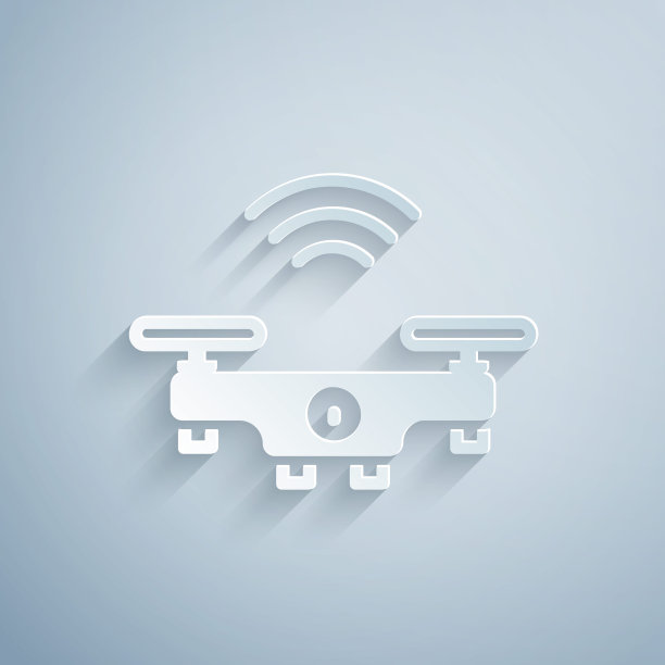 剪纸智能无人机系统图标孤立在灰色背景。带有视频和照片相机符号的四轴飞行器。纸艺术风格。向量图片下载