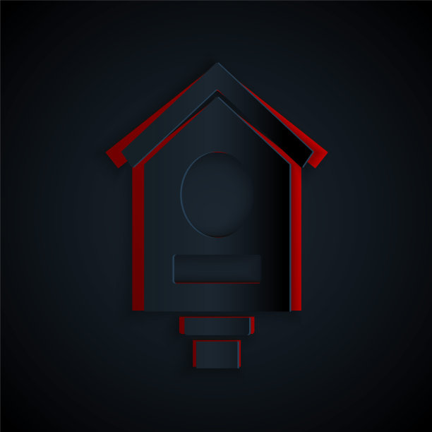 剪纸鸟屋图标孤立在黑色背景。巢箱鸟舍，为鸟类自制的建筑。纸艺术风格。向量图片下载