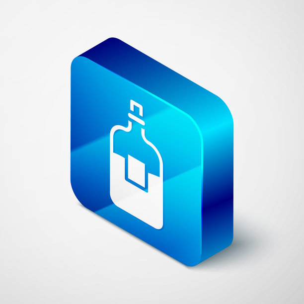 等距的伏特加酒瓶图标孤立在灰色背景。蓝色方块按钮。向量图片下载