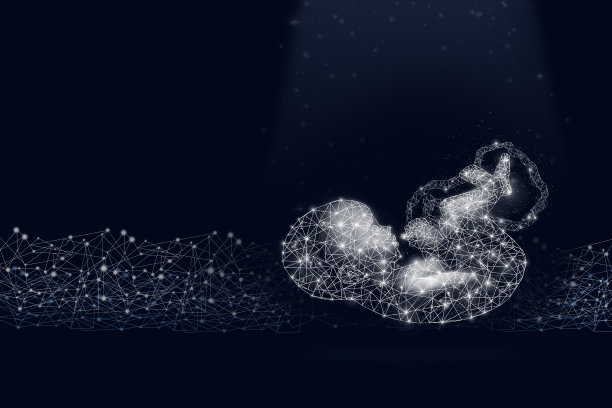 深蓝色背景上的婴儿胎儿全息图。怀孕、孕产、人工授精的概念。人工授精图片下载