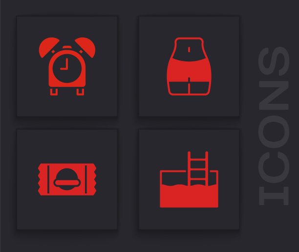 设置游泳池有梯子，闹钟，妇女腰部和运动营养图标。向量图片下载