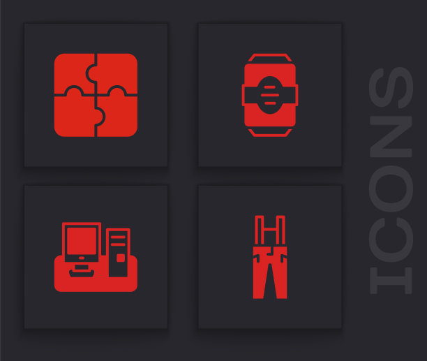 设置裤子吊带，一块拼图，能量饮料和显示器键盘图标。向量图片下载