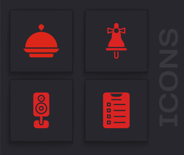 新年目标清单、圣诞节托盘、欢乐的响铃和立体声扬声器图标矢量素材图片下载