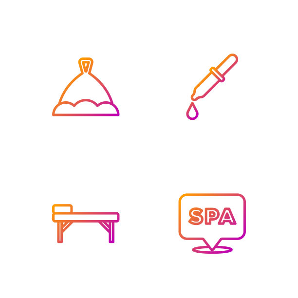 设有水疗沙龙、按摩桌、桑拿帽、吸液器。渐变颜色图标。向量图片下载