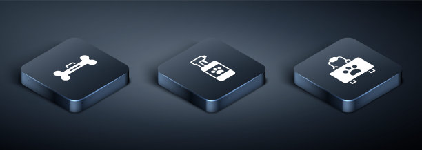 设置等距狗骨，宠物急救箱和洗发水图标。向量图片下载