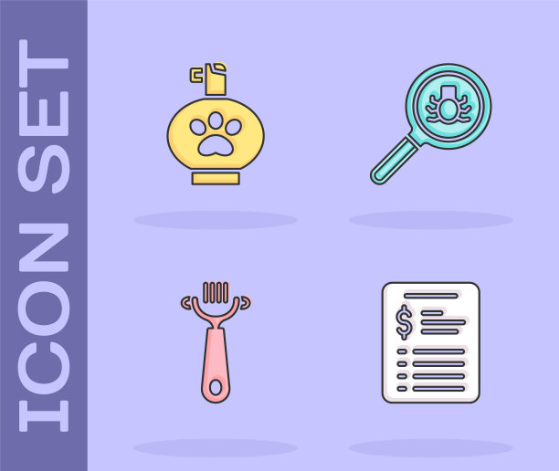 设置美容沙龙价格表，宠物洗发水，毛刷狗和猫和跳蚤搜索图标。向量图片下载