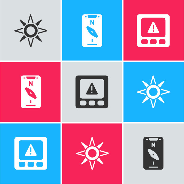 设置风向上升，指南针移动和Gps设备错误图标。向量图片下载