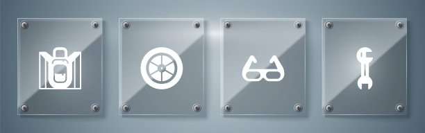 套装扳手，运动自行车太阳镜，自行车轮子和徒步背包。方形玻璃面板。向量图片下载