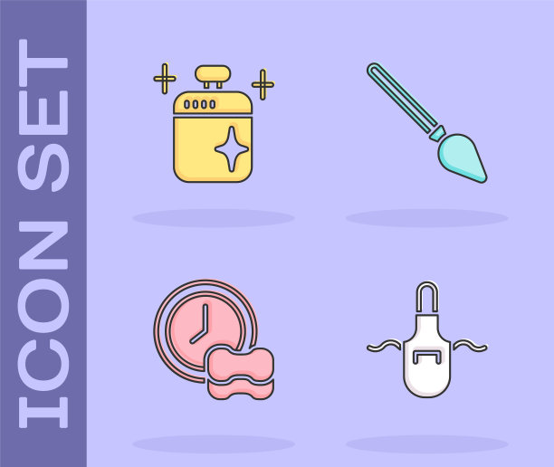 设置厨房围裙，清洁烹饪锅，洗碗和处理扫帚图标。向量图片下载