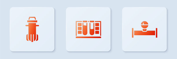 设置测试管与水滴，水过滤器，工业管和压力计。白色正方形按钮。向量图片下载