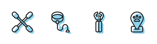 设置线宠物指甲剪，棉花棉签耳朵，可伸缩绳牵引和定位宠物美容图标。向量图片下载