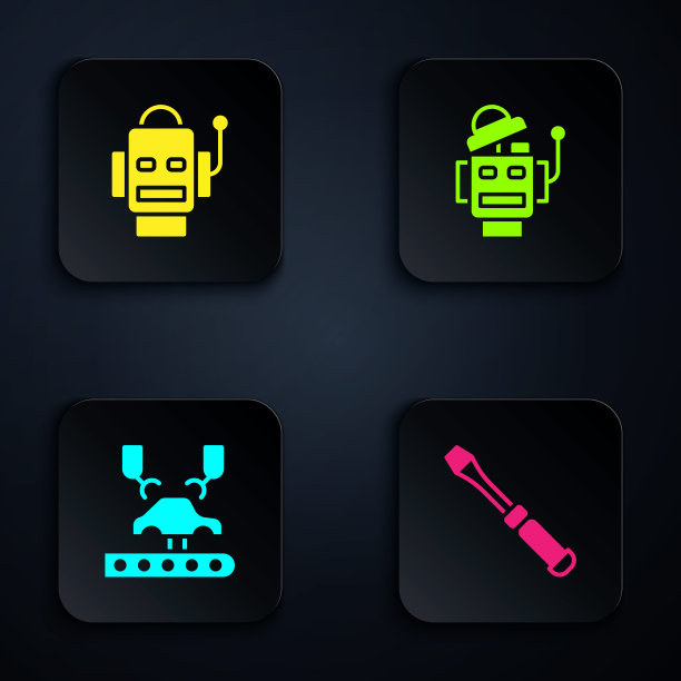 设置螺丝刀，机器人，机器人手臂在工厂和。黑色方形按钮。向量图片下载