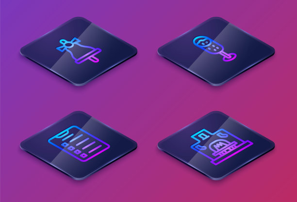 设定等距线圣诞钟声，新年目标清单，一杯香槟和室内壁炉。蓝色方块按钮。向量图片下载