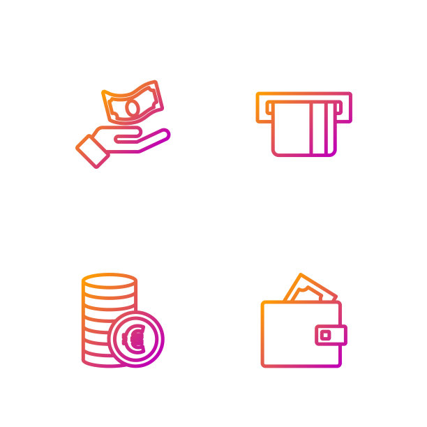Set line Wallet with money, Coin euro symbol, Hand holding and Credit card inserted。渐变颜色图标。向量图片下载