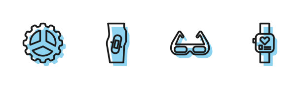 系列运动自行车太阳镜，自行车链轮曲柄，石膏腿和智能手表图标。向量图片下载