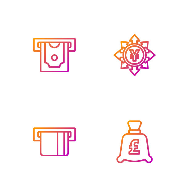 投币加英镑，插入信用卡，自动取款机和日元。渐变颜色图标。向量图片下载