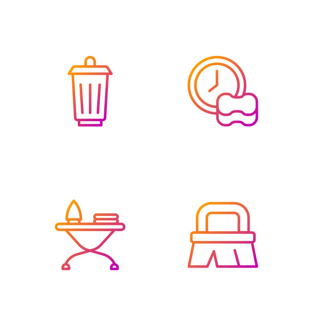 设置线刷清洁，熨斗和熨衣板，垃圾桶和洗碗。渐变颜色图标。向量图片下载