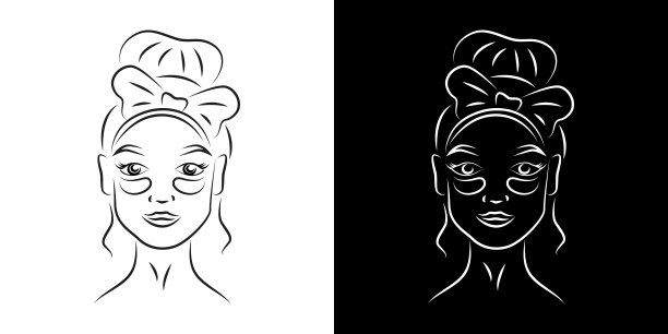 女人与下眼罩轮廓肖像矢量插图。女孩脸上用写实的护肤产品线条艺术。女士眼睛黑眼圈治疗轮廓人物在黑色和白色的背景图片下载