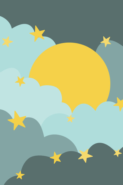 极简主义的夜空海报在蓝绿色和蓝色的颜色与一个大的黄色的月亮和星星，蓬松的云朵。图片下载