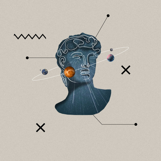 用石膏头模型拼贴，以宇宙为主题的雕像和灰色背景上的行星。现代设计。图片下载