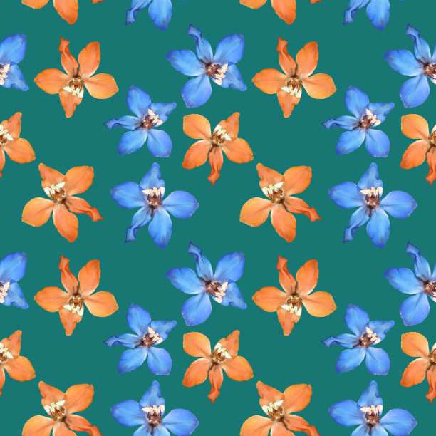 飞燕草,燕草属植物。插图，花的纹理。用于连续复制的无缝模式。花卉背景，照片拼贴为纺织品，棉布面料。用于墙纸、封面、印刷品。图片下载