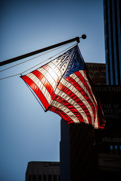 美国国旗在太阳下的剪影图片下载