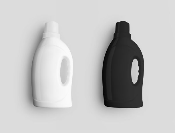 模板有光泽的黑色，白色瓶子，用于液体粉末，凝胶，洗发水，有盖，把手，空瓶隔离在背景。图片下载