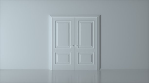 白色背景上的双关闭的白色门。前视图。空房间内部。三维渲染图片下载