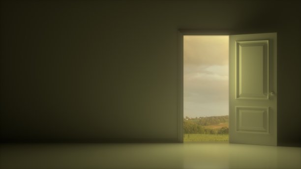 白色的门打开，露出一个美丽的多云的天空和田野在一个深灰色的房间。创业的概念，创业的概念，失败的概念，逆境的概念，困难的概念。三维渲染图片下载