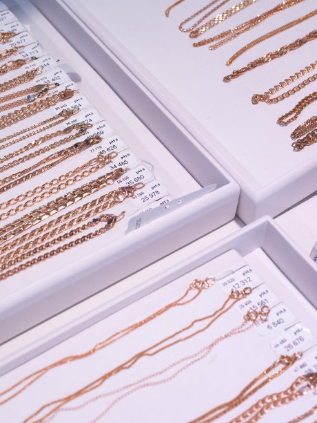 黄金链和手镯的珠宝展示，特写图片下载