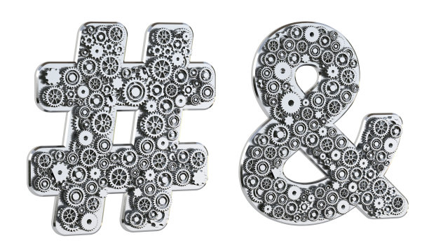 符号#和&由白色背景上隔离的金属齿轮制成。机械的概念。3 d渲染。图片下载