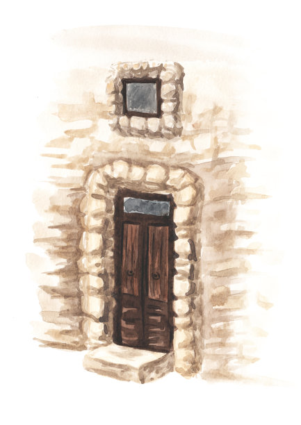 旧石墙上的木门。手绘水彩插图孤立的白色背景图片下载