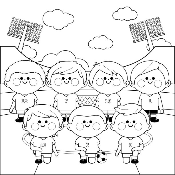 儿童足球队在体育场。矢量黑白着色页图片下载
