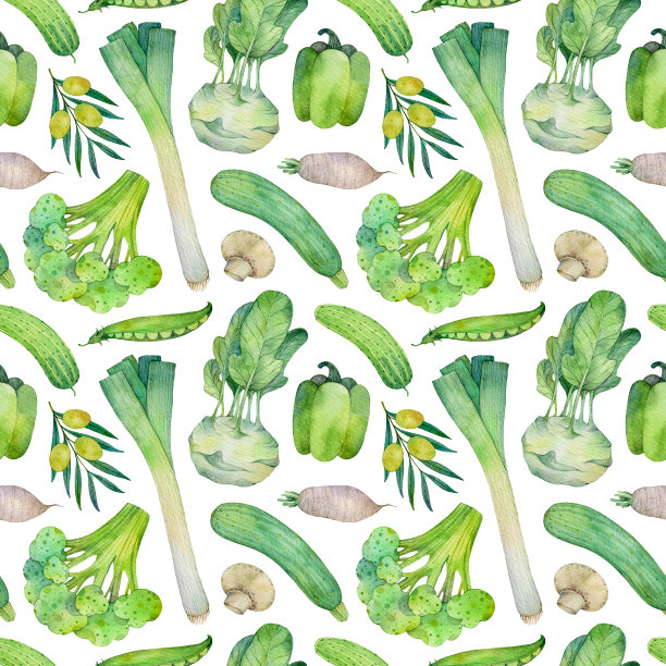水彩无缝模式与绿色蔬菜在白色的背景。手绘食物插图。图片下载