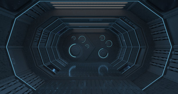 一艘宇宙飞船的黑暗走廊的内部视图在蓝色的光与一个关闭的门在背景。三维演示图片下载