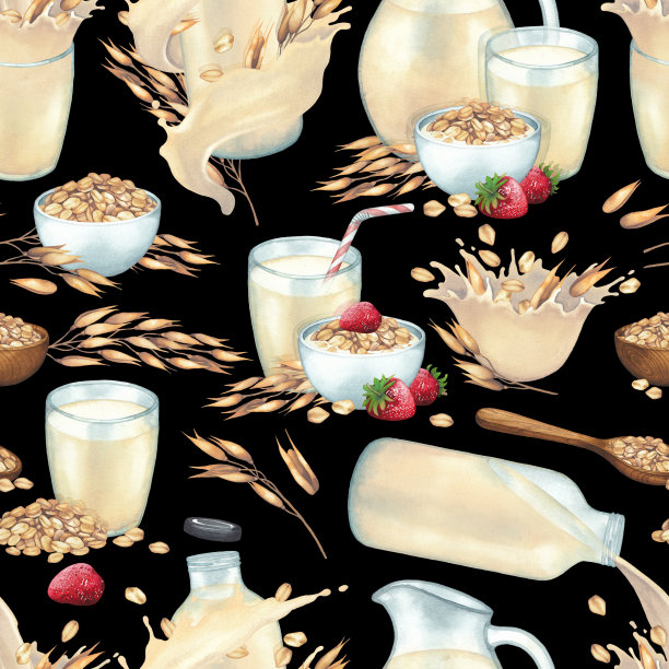 水彩玻璃，瓶子和罐子的植物牛奶，周围的碗燕麦，飞溅和谷物。图片下载