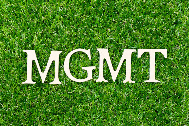 木字母在字mgmt(简称管理)上以绿草为背景图片下载