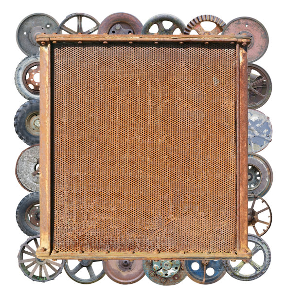 生锈的散热器拖拉机框架车轮照片拼贴。孤立的图片下载