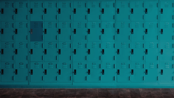 一排高中绿色储物柜作为背景。图片下载