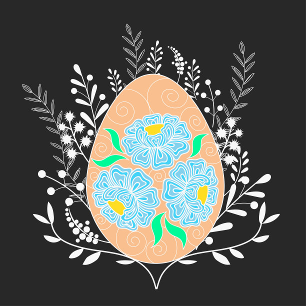 复活节快乐花装饰彩蛋在黑色的背景与白色的树枝。图片下载